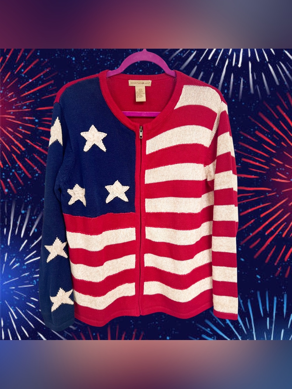Vintage Mountain Lake knit American flag zip up sweater